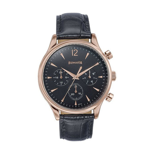 Sonata Wedding Edit Black Dial Leather Strap Watch for Men