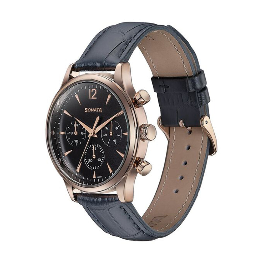 Sonata Wedding Edit Black Dial Leather Strap Watch for Men