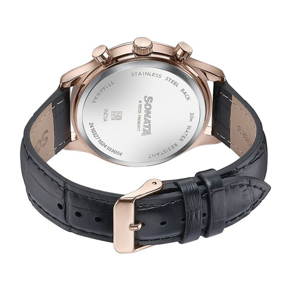 Sonata Wedding Edit Black Dial Leather Strap Watch for Men