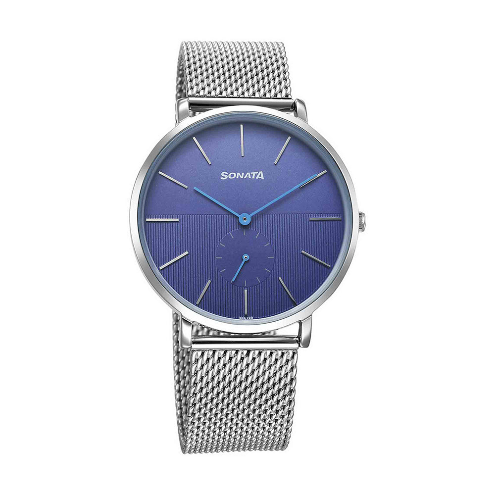 Sonata Ascent Blue Dial Stainless Steel Strap Watch for Men
