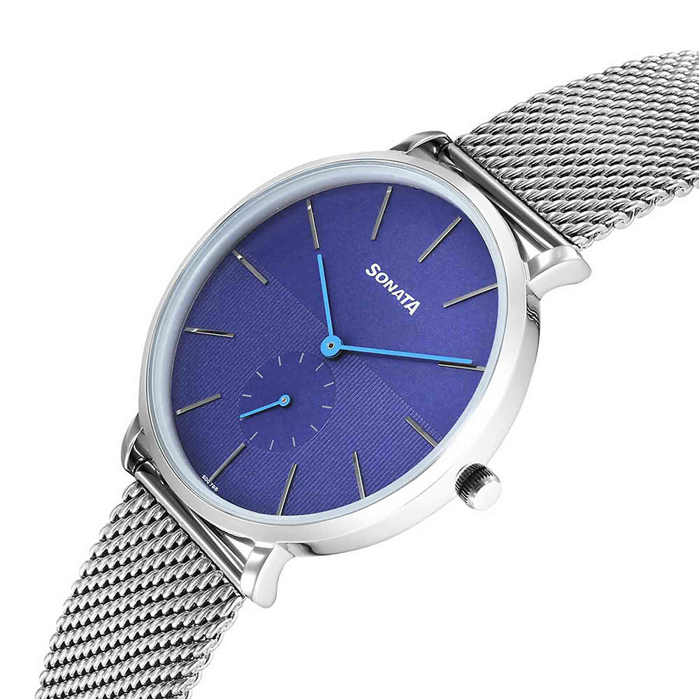 Sonata Ascent Blue Dial Stainless Steel Strap Watch for Men