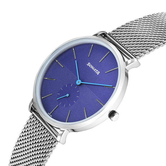 Sonata Ascent Blue Dial Stainless Steel Strap Watch for Men