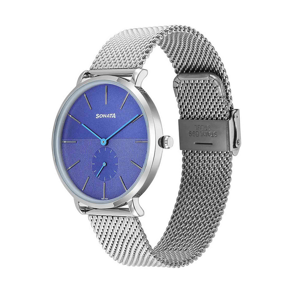 Sonata Ascent Blue Dial Stainless Steel Strap Watch for Men