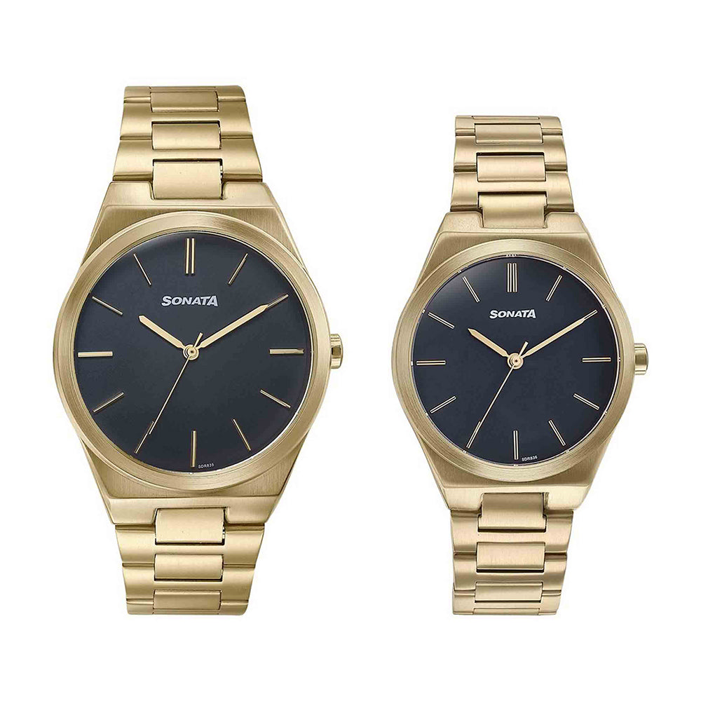 Sonata Wedding Edit Black Dial Stainless Steel Strap Watch for Pair