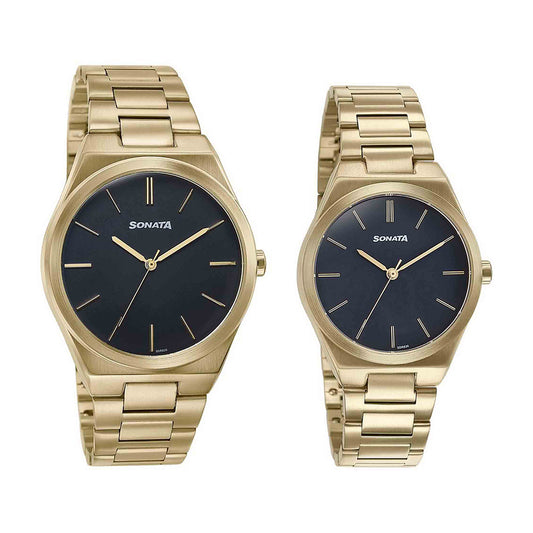 Sonata Wedding Edit Black Dial Stainless Steel Strap Watch for Pair