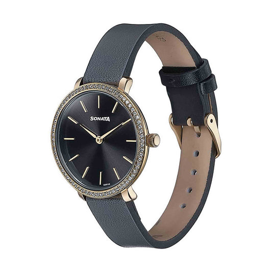Sonata Wedding Edit Black Dial Leather Strap Watch for Women