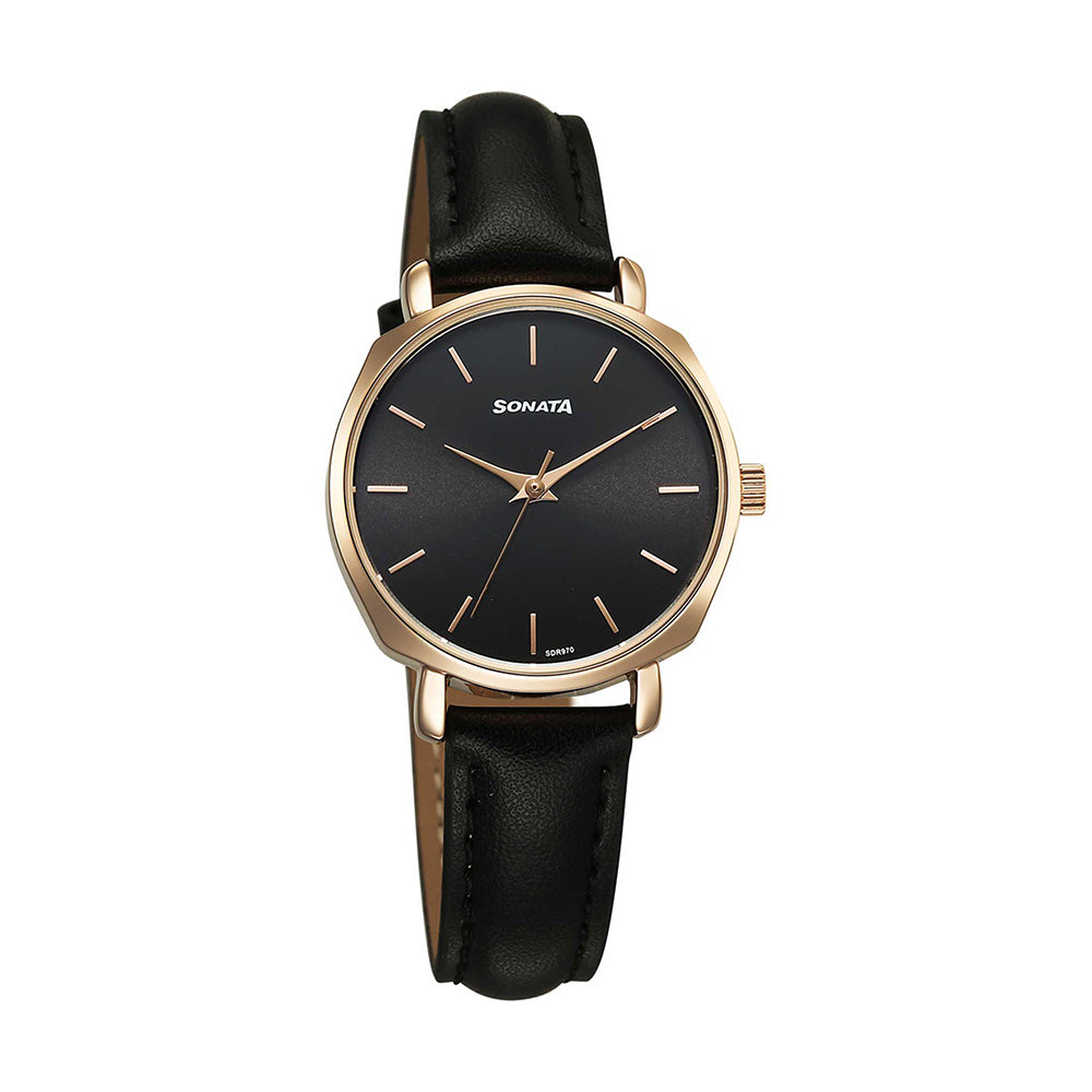 Sonata Eternia Black Dial Leather Strap Watch for Women