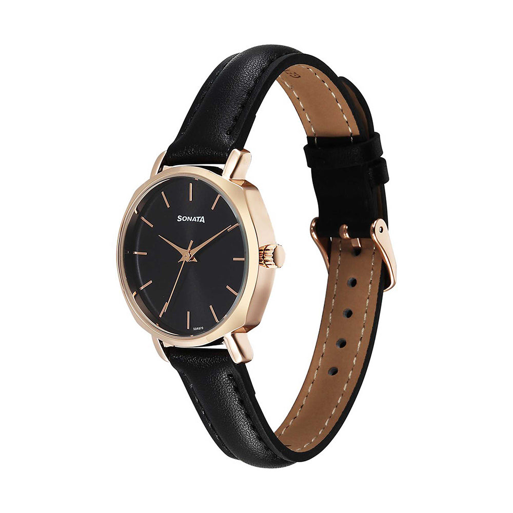 Sonata Eternia Black Dial Leather Strap Watch for Women