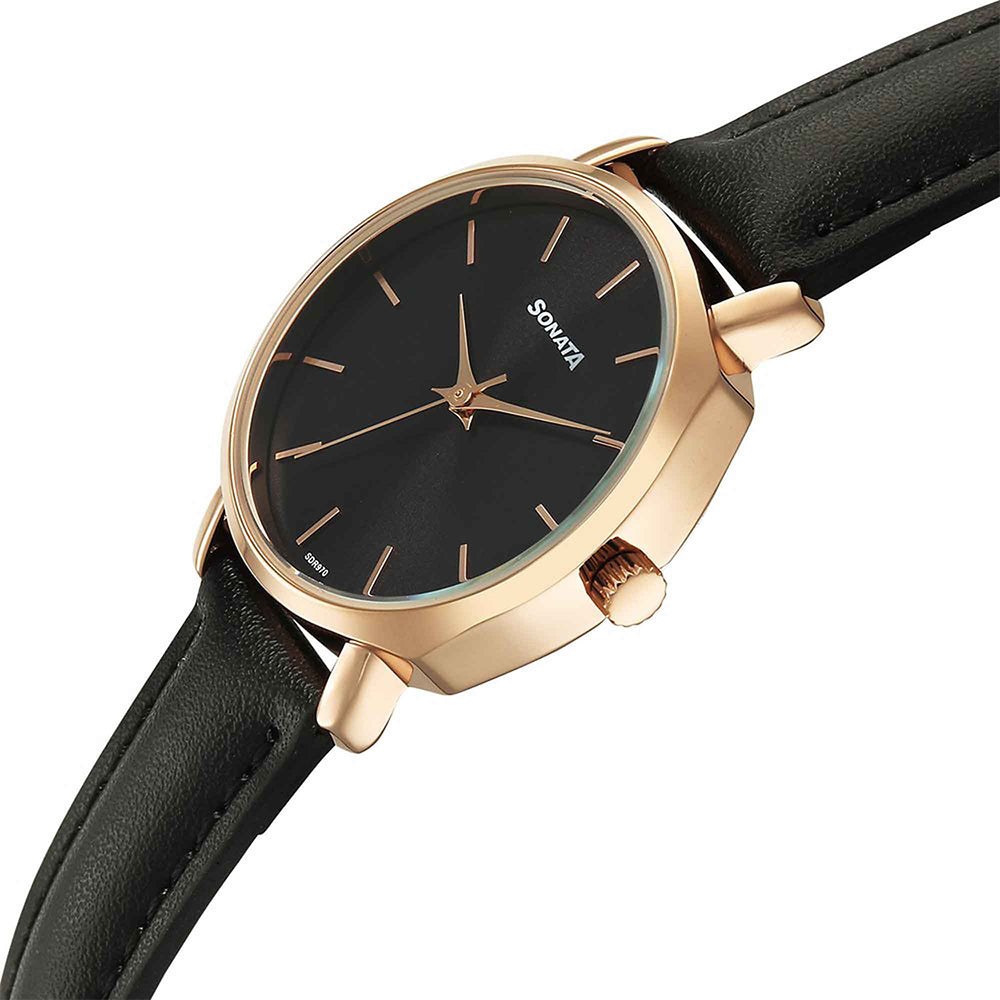 Sonata Eternia Black Dial Leather Strap Watch for Women