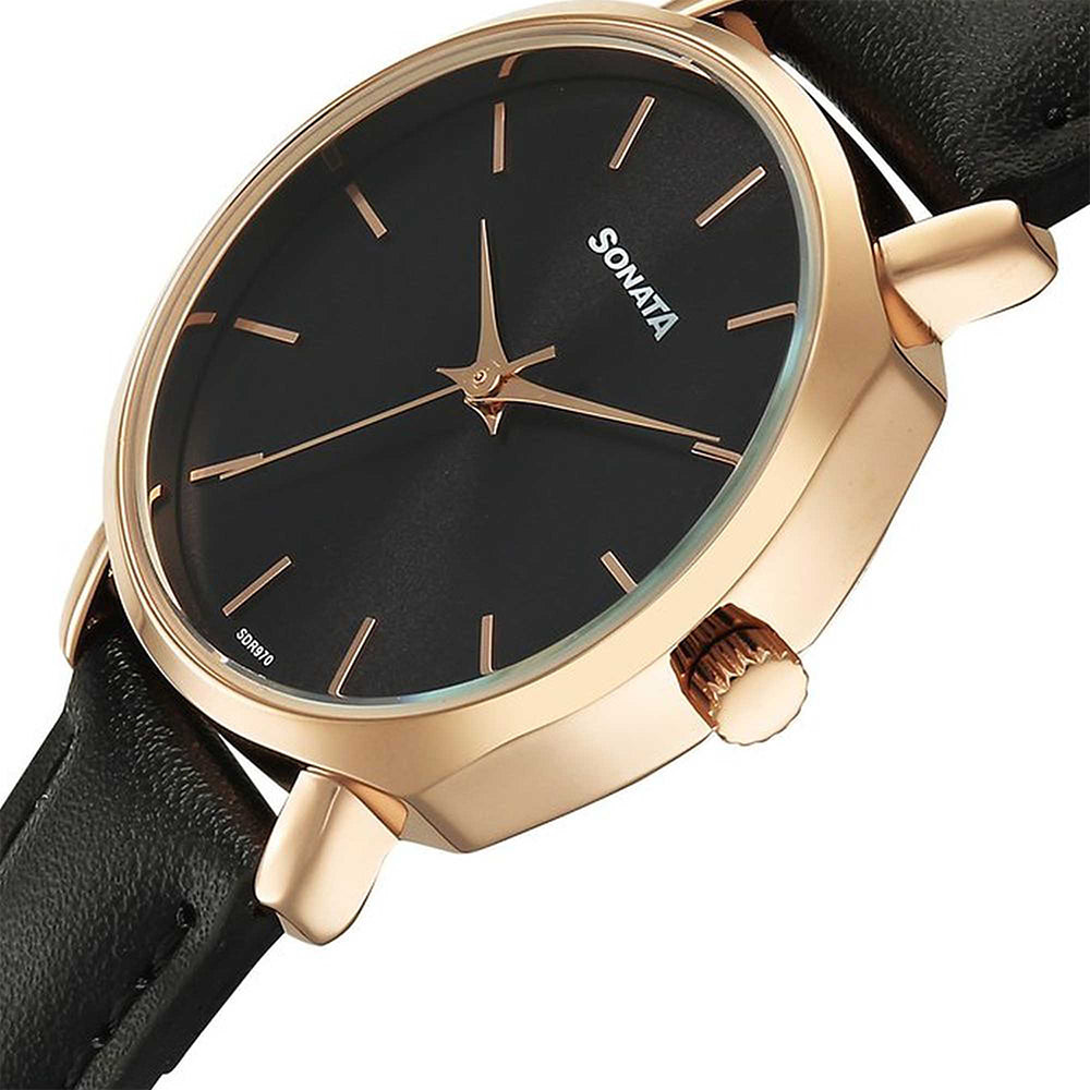 Sonata Eternia Black Dial Leather Strap Watch for Women