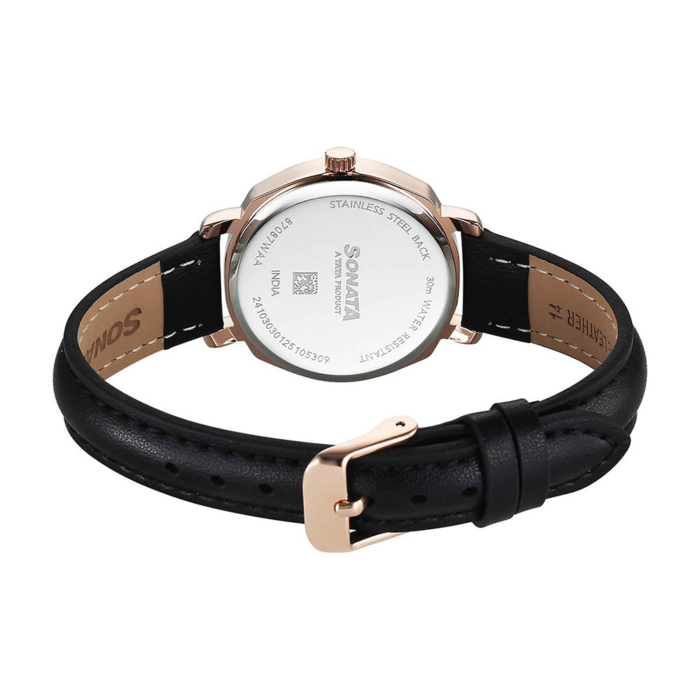 Sonata Eternia Black Dial Leather Strap Watch for Women