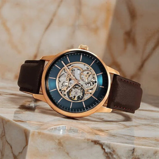 Titan Skeletal Automatic Blue Dial Brown Leather Strap Watch for Men (90110WL04)