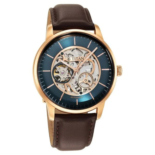 Titan Skeletal Automatic Blue Dial Brown Leather Strap Watch for Men (90110WL04)