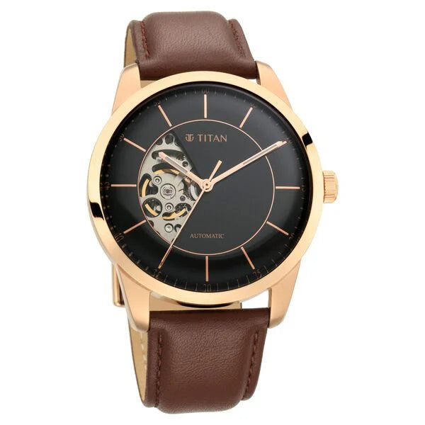 Titan Automatic Sectoral Black Dial Brown Leather Strap Watch for Men (90126WL02)