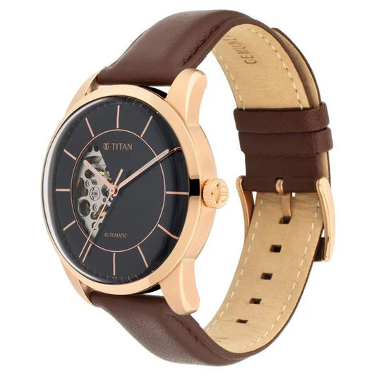 Titan Automatic Sectoral Black Dial Brown Leather Strap Watch for Men (90126WL02)