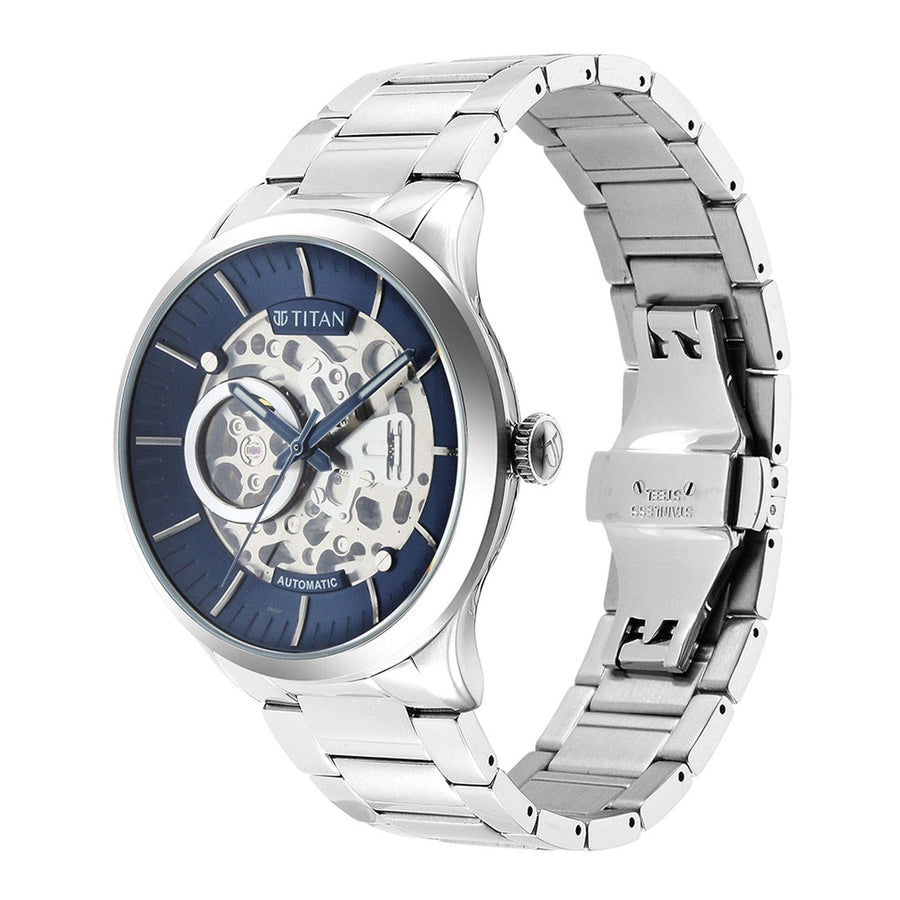 Titan Metal Mechanicals Blue Dial Stainless Steel Strap Watch 90140SM01