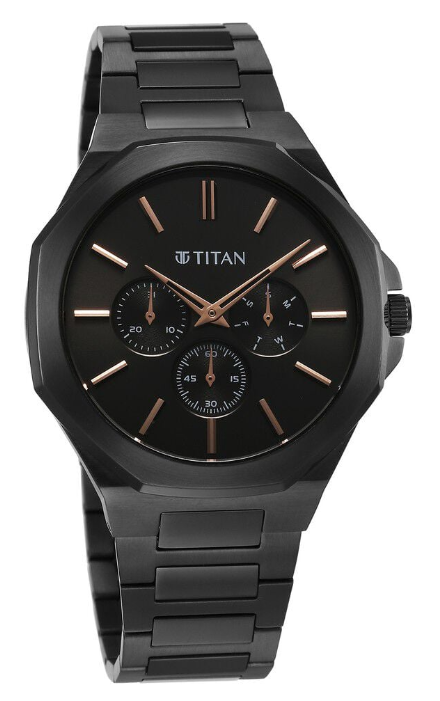 Titan Classic Slim Multifunction Quartz Black Dial Stainless Steel Strap Watch For Men