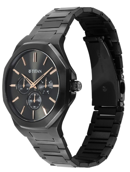 Titan Classic Slim Multifunction Quartz Black Dial Stainless Steel Strap Watch For Men