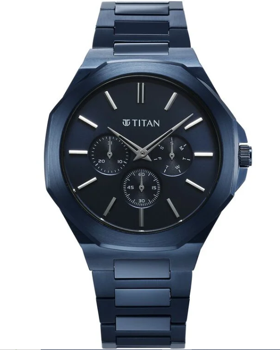 Jam Tangan Tali Keluli Tahan Karat Dail Biru Multifungsi Kuarsa Klasik Titan untuk Lelaki