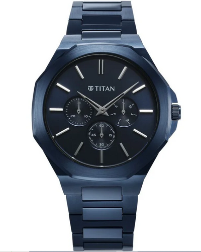 Jam Tangan Tali Keluli Tahan Karat Dail Biru Multifungsi Kuarsa Klasik Titan untuk Lelaki