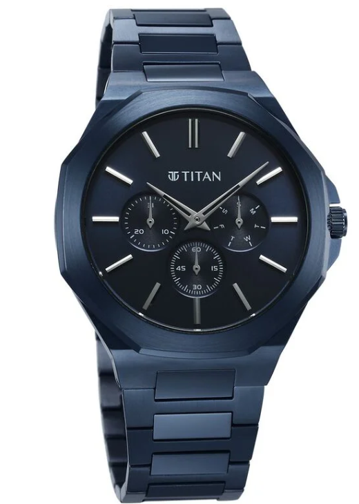 Jam Tangan Tali Keluli Tahan Karat Dail Biru Multifungsi Kuarsa Klasik Titan untuk Lelaki