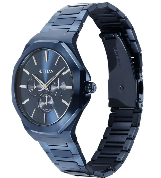 Titan Classic Slim Multifunction Quartz Blue Dial Stainless Steel Strap Watch For Men