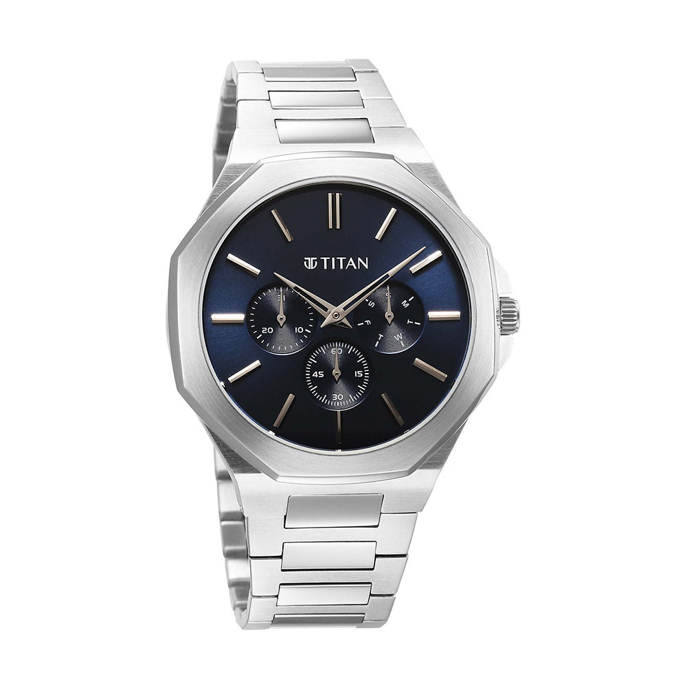 Titan Classic Slim Multifunction Blue Dial Stainless Steel Strap Watch for Men
