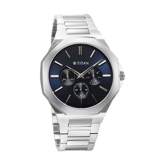 Titan Classic Slim Multifunction Blue Dial Stainless Steel Strap Watch for Men