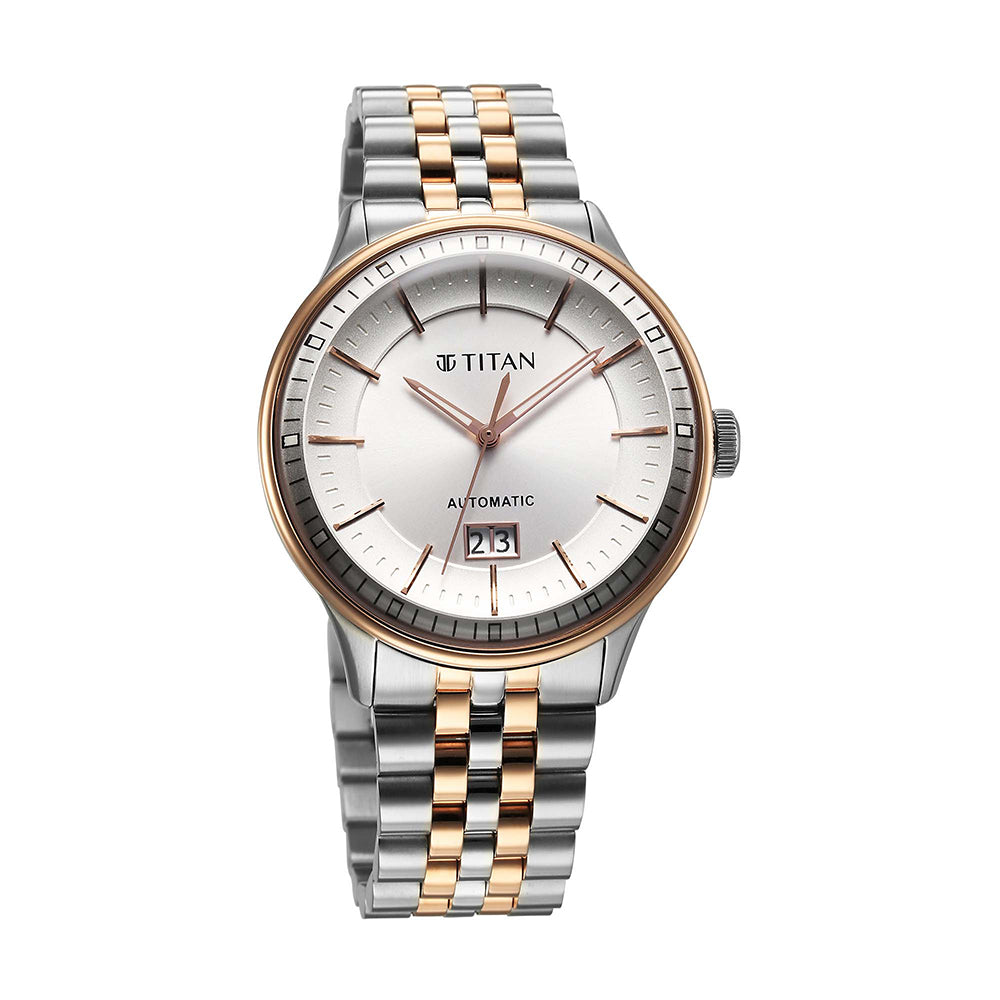 Titan Weekender Concealed Automatic White Dial Stainless Steel Strap Watch for Men