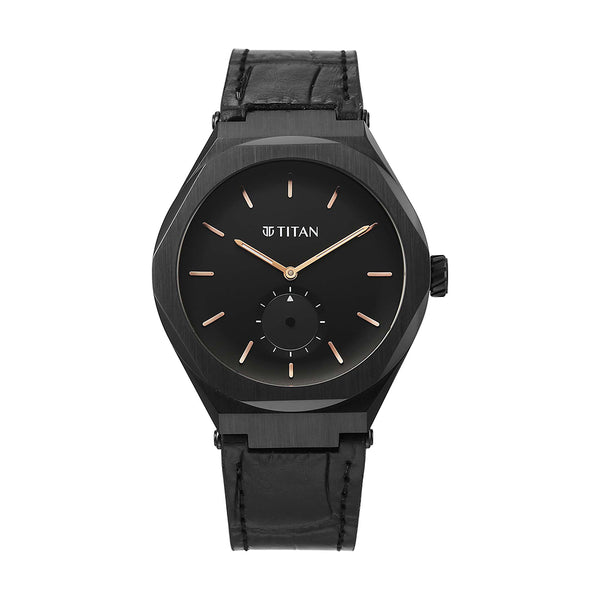 Jam Tangan Tali Kulit Lelaki Titan Contour dengan Dail Hitam