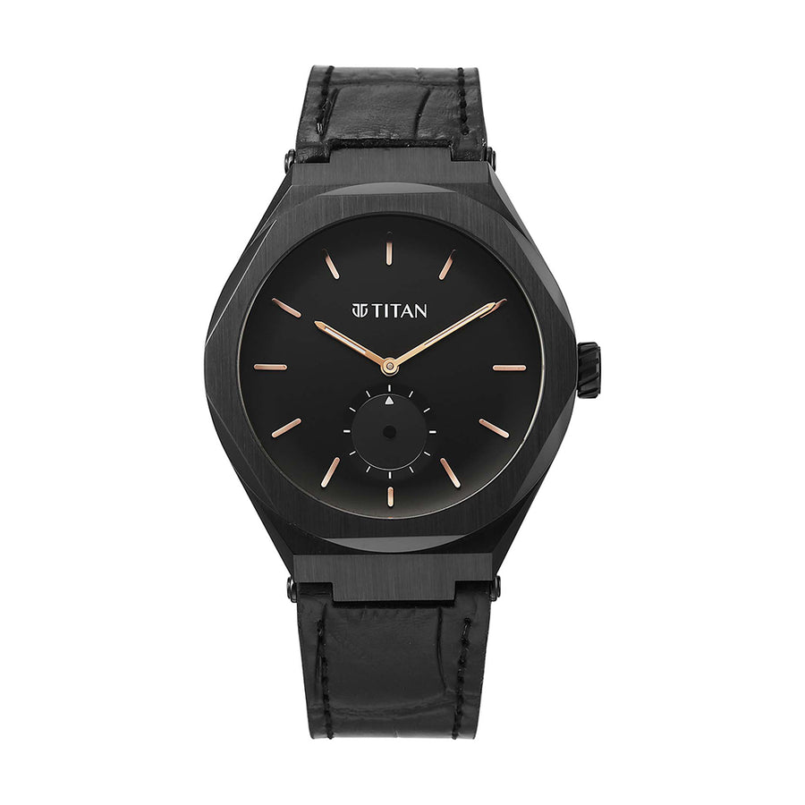 Jam Tangan Tali Kulit Lelaki Titan Contour dengan Dail Hitam