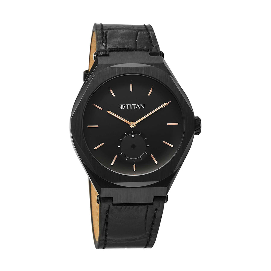 Jam Tangan Tali Kulit Lelaki Titan Contour dengan Dail Hitam