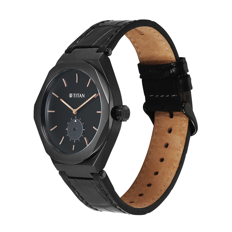 Jam Tangan Tali Kulit Lelaki Titan Contour dengan Dail Hitam
