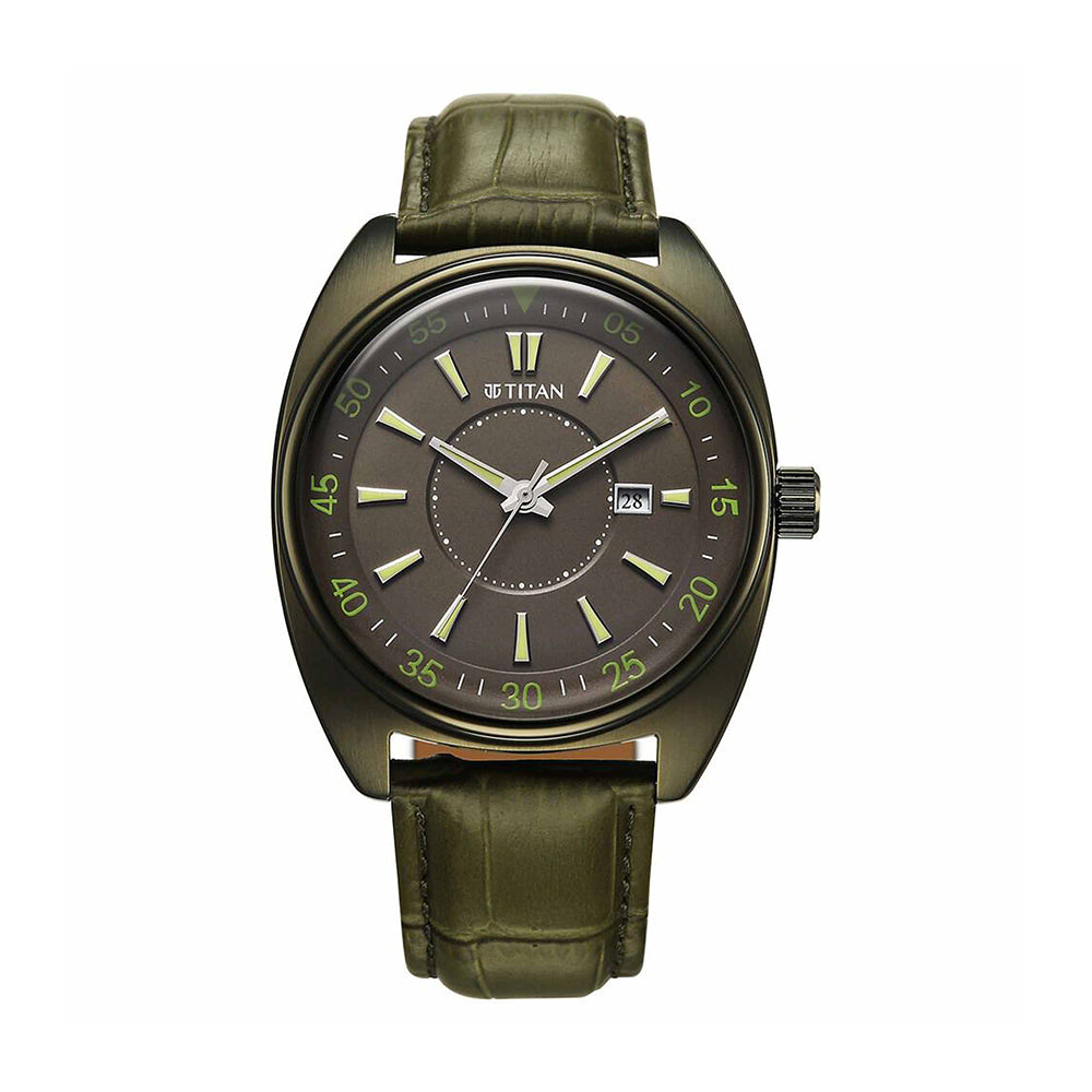 Titan Tonneau Green Dial Leather Strap Watch for Men