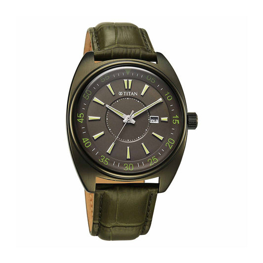 Titan Tonneau Green Dial Leather Strap Watch for Men