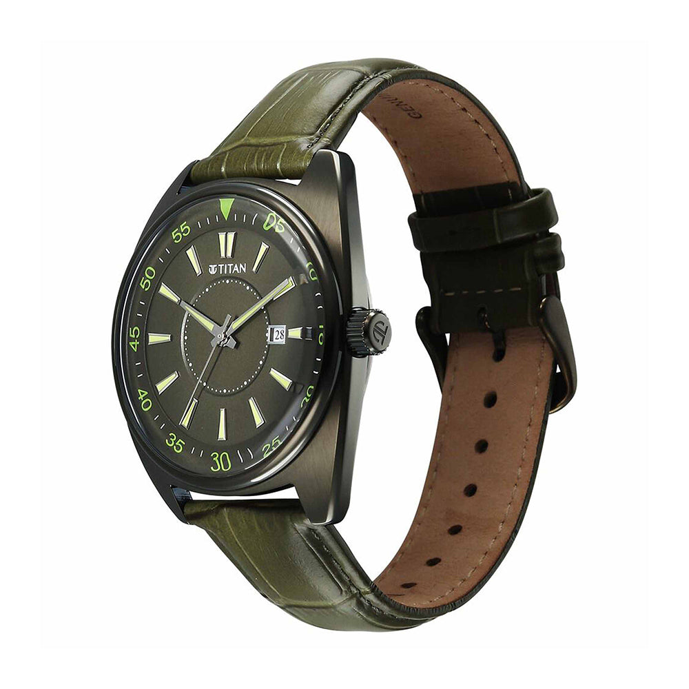 Titan Tonneau Green Dial Leather Strap Watch for Men