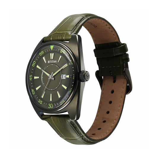 Titan Tonneau Green Dial Leather Strap Watch for Men