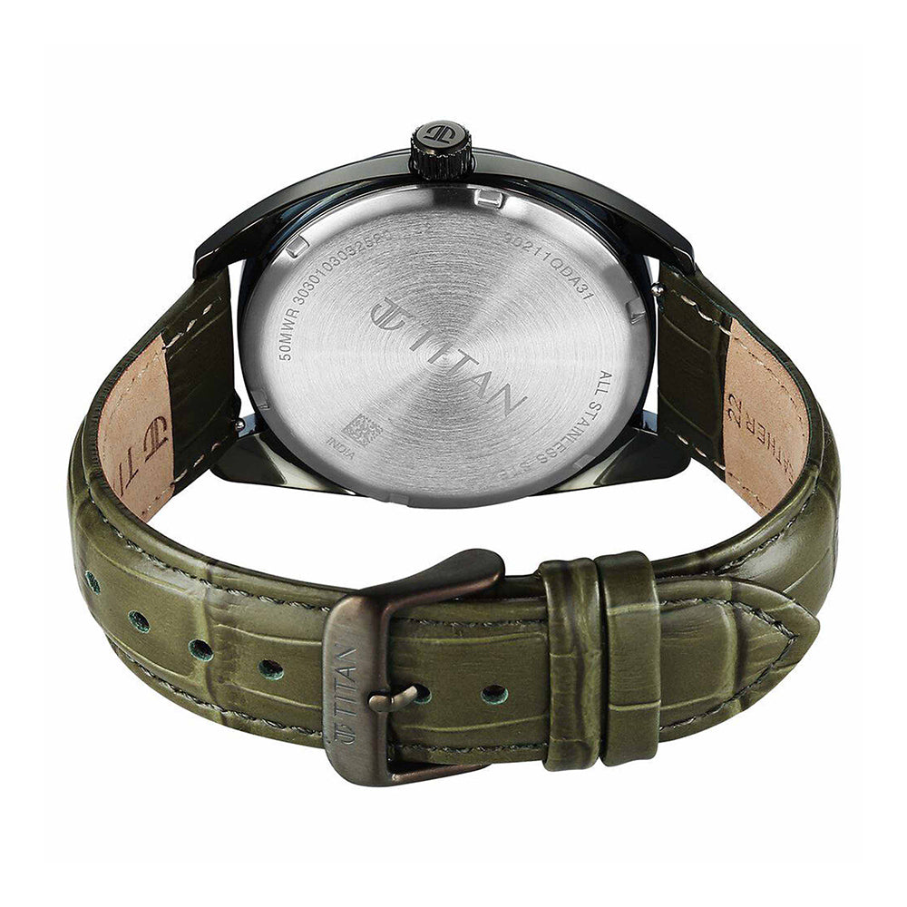 Titan Tonneau Green Dial Leather Strap Watch for Men