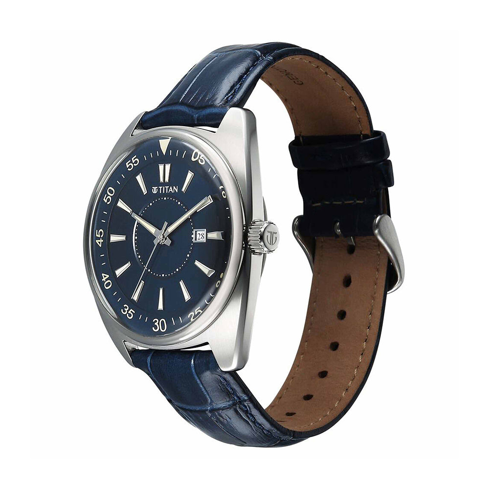 Titan Tonneau Blue Dial Leather Strap Watch for Men