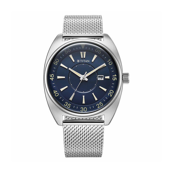 Titan Tonneau Blue Dial Mesh Stainless Steel Strap Watch for Men