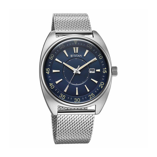 Titan Tonneau Blue Dial Mesh Stainless Steel Strap Watch for Men