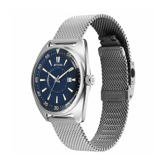 Titan Tonneau Blue Dial Mesh Stainless Steel Strap Watch for Men