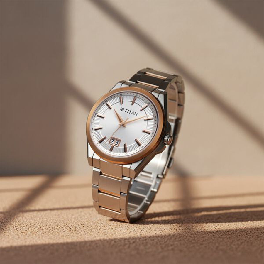 Titan Classique Big Date Silver Dial Stainless Steel Strap Watch for Men