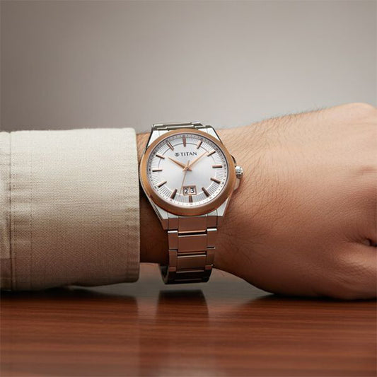 Titan Classique Big Date Silver Dial Stainless Steel Strap Watch for Men