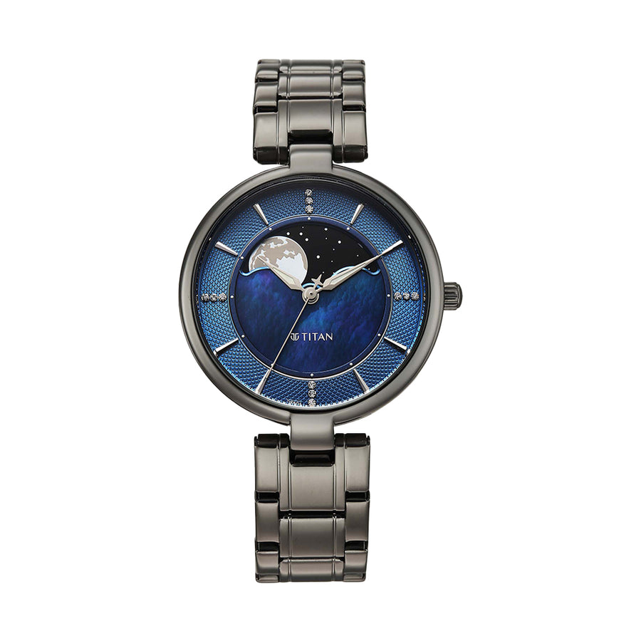 Titan Noor Collection Blue Dial Stainless Steel Strap Watch for Women