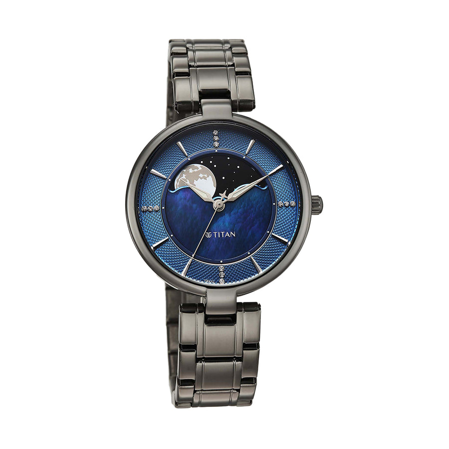 Titan Noor Collection Blue Dial Stainless Steel Strap Watch for Women