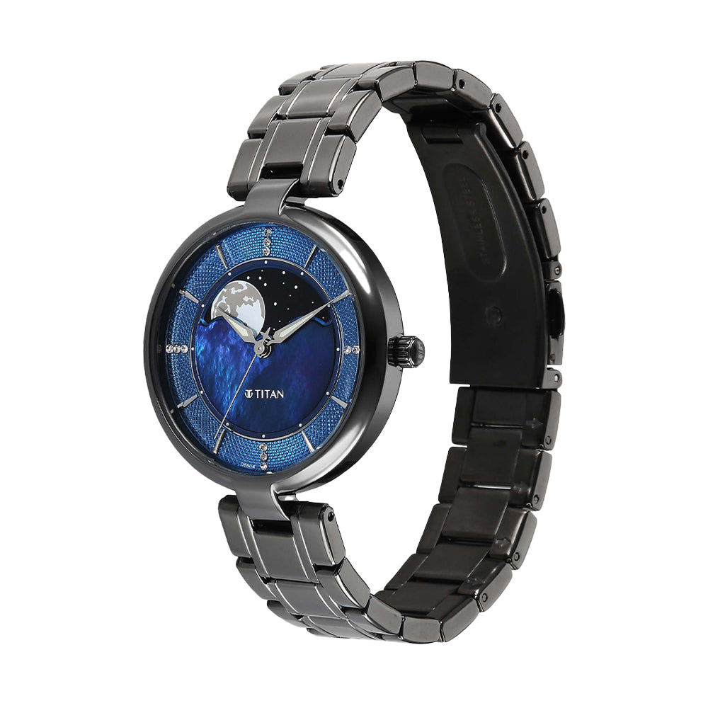 Titan Noor Collection Blue Dial Stainless Steel Strap Watch for Women