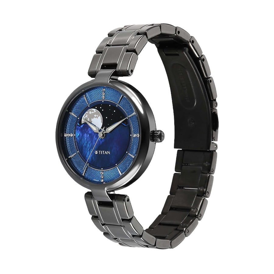 Titan Noor Collection Blue Dial Stainless Steel Strap Watch for Women