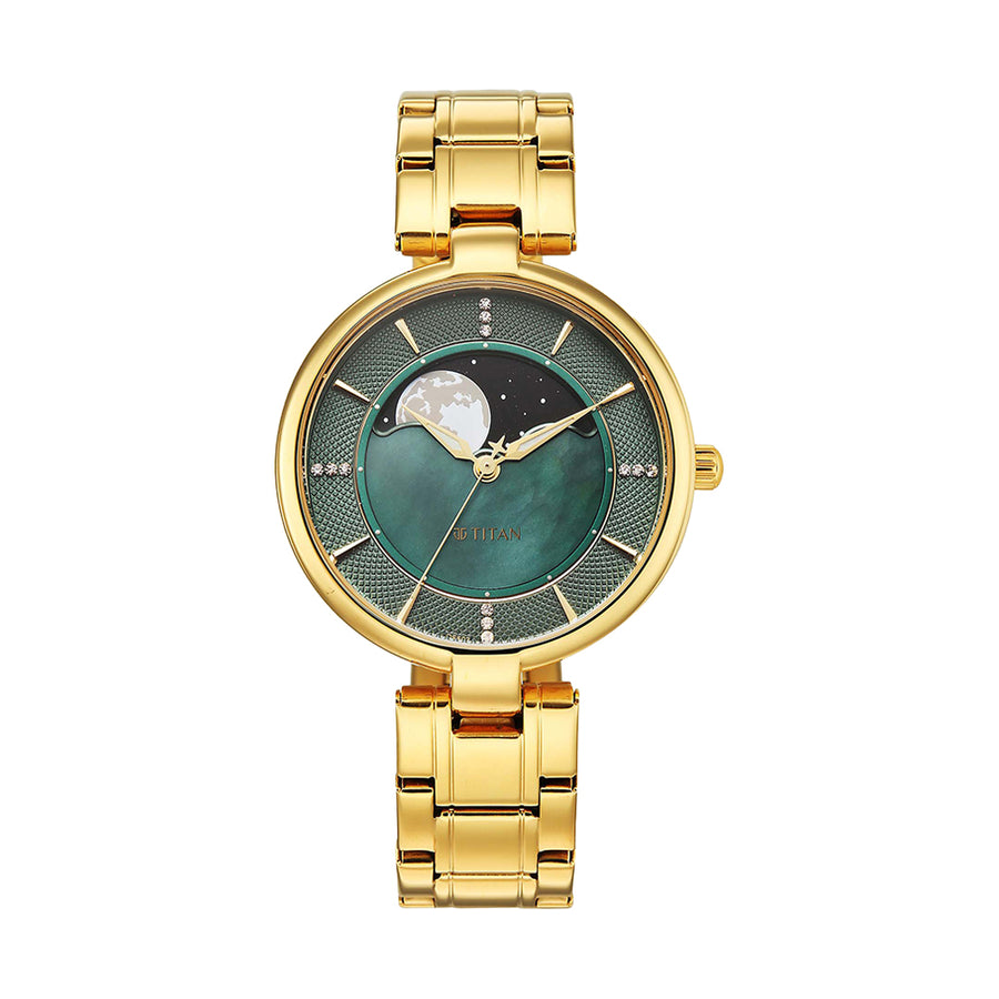 Titan Noor Collection Green Dial Stainless Steel Strap Watch for Women