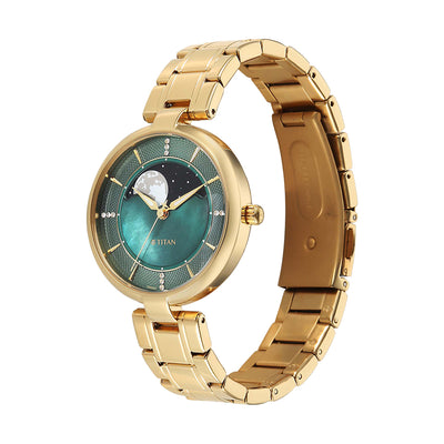 Titan Noor Collection Green Dial Stainless Steel Strap Watch for Women